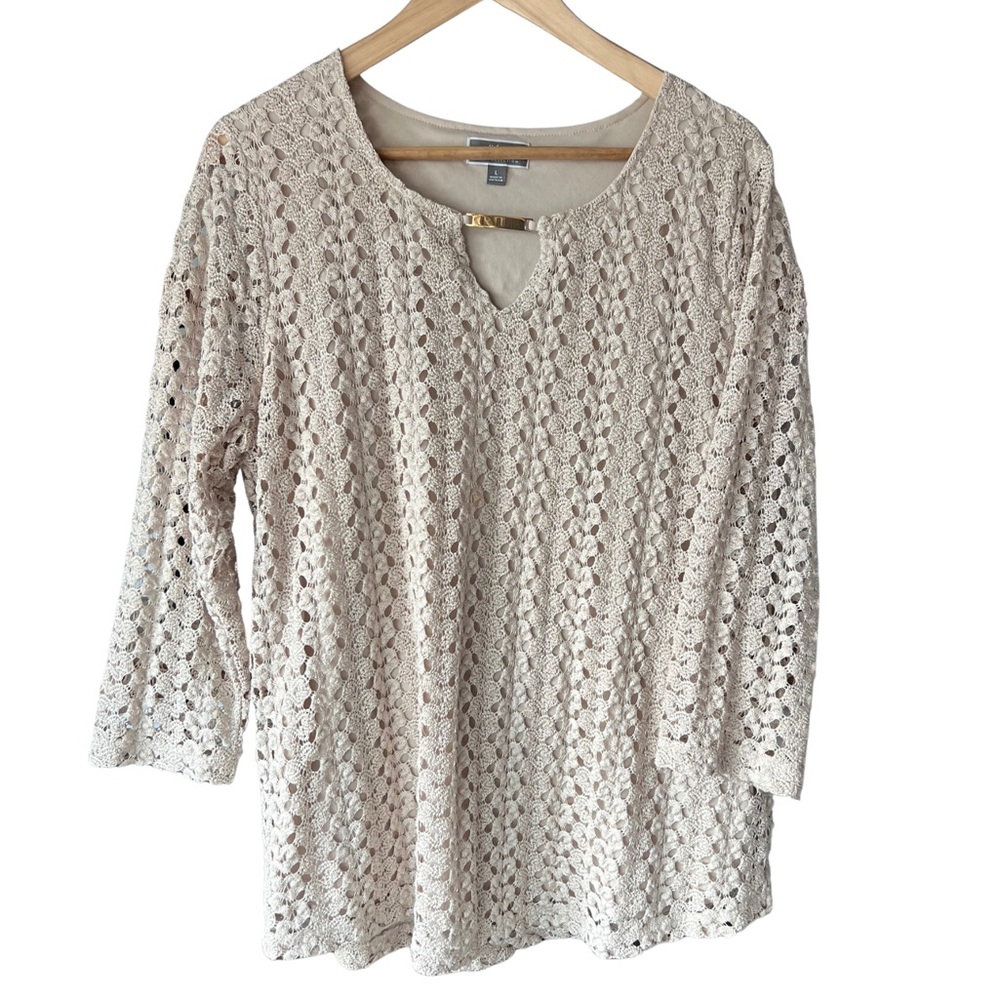 JM Collection Crochet Keyhole Top 3/4 Sleeve Champagne Top - L